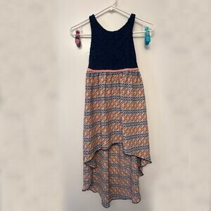 Girls 8 High Low Dress Navy Lace Bodice Pink Geometric Sleeveless Party Dress